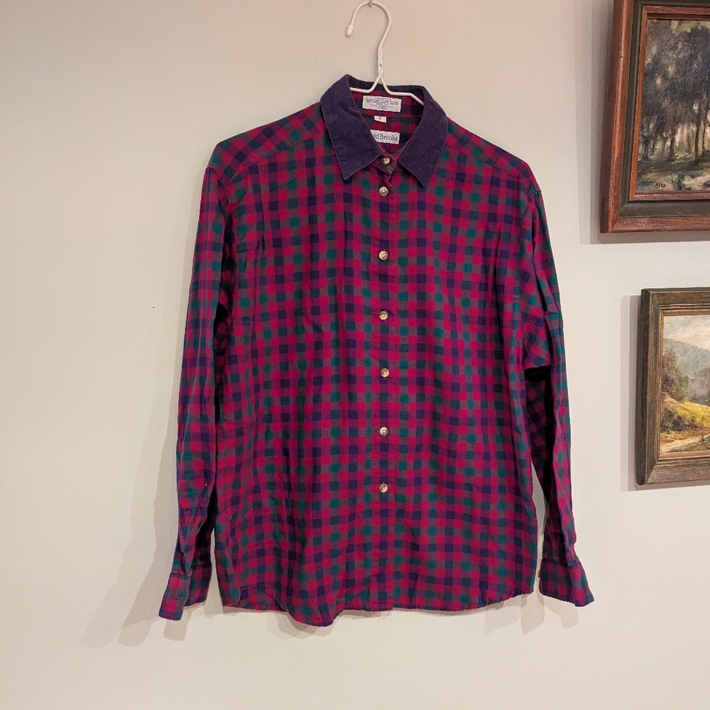 Vintage 90s Plaid Corduroy Collar Button Up Top Women's Medium Pink Purple 182 - Picture 2 of 9